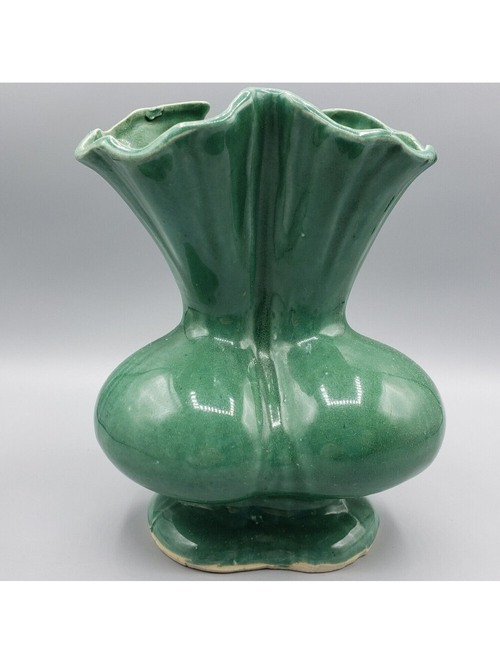 Vintage Japan Ceramic Tri Corner Vase Bulbous Base Green Pottery Ruffled Edge